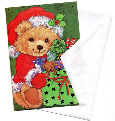 Teddy Bear Santa Claus W/Gifts Christmas Greeting Card Marry Christmas Vintage