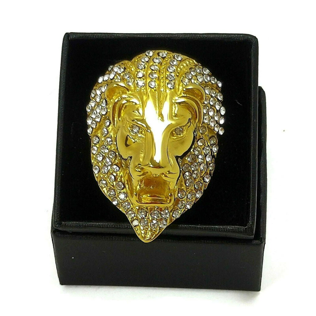 Lion Head Ring Unisex Goldtone W/Simulated Diamonds Fashion Men's Women's Ring