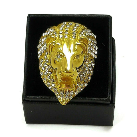 Lion Head Ring Unisex Goldtone W/Simulated Diamonds Fashion Men's Women's Ring