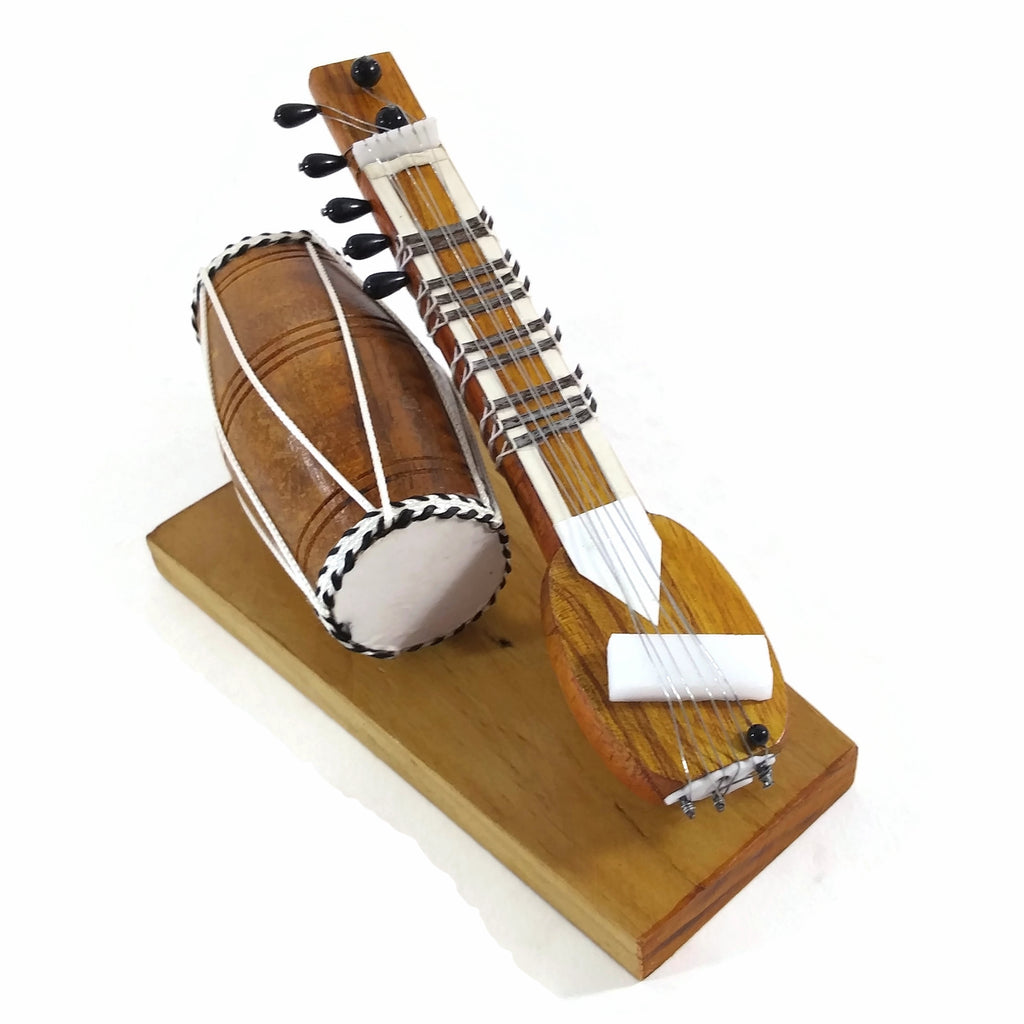 India Handicraft Miniature Musical Instrument Wooden Sitar&Dholak Drum Vintage