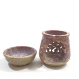 Oil Burner - Natural Soapstone Oil Diffuser Round Leaves 4" Hand-Carved