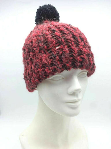 Winter Knitted Hat Handmade Unisex Warm Wool Skull Beanie Pom Pom Cap Bordeaux