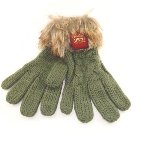 Winter Knit Gloves, Women's Faded Glory Fur Trimmed, Olive Drab - New