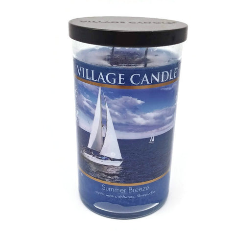 Village Candle Summer Breeze, 2 Wick, Glass jar 24 oz Scented, Ocean Blue  - NEW