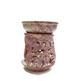 Oil Burner - Natural Soapstone Oil Diffuser Round Leaves 4" Hand-Carved