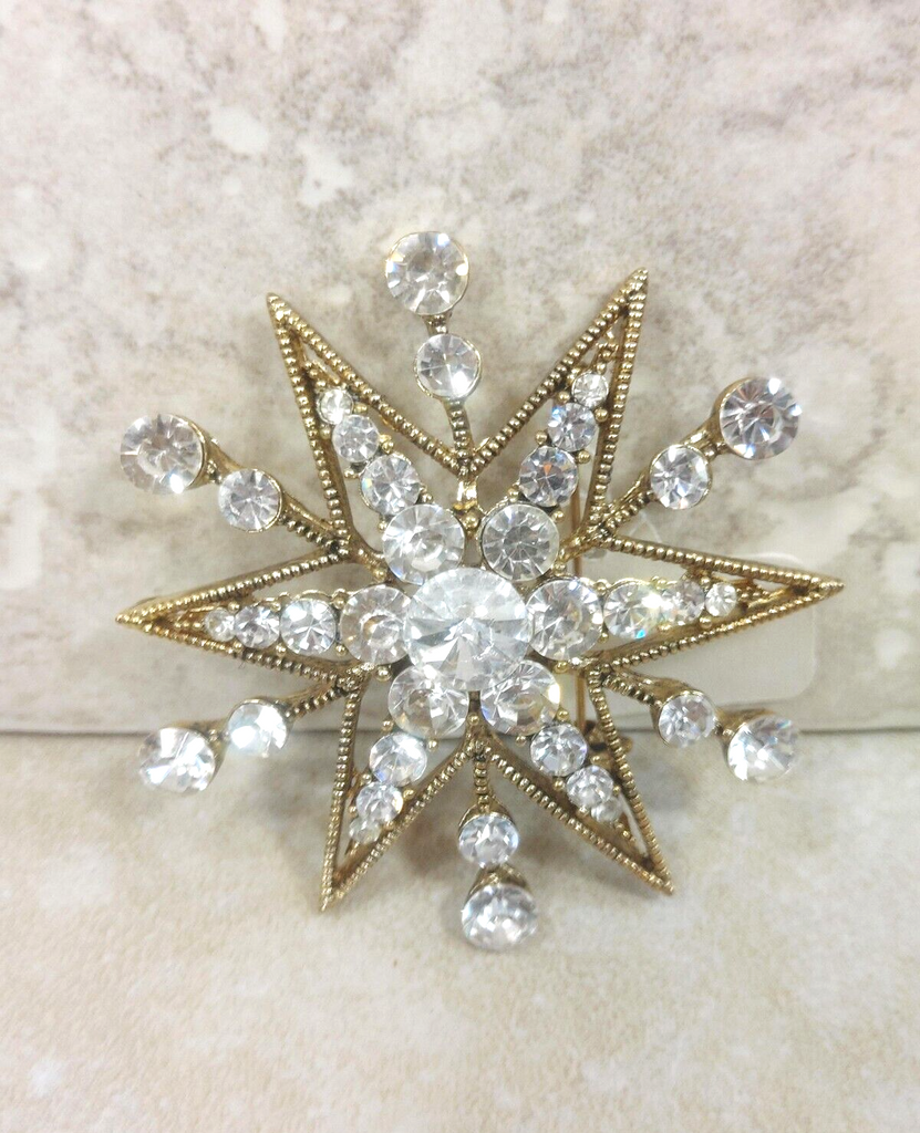 Rhinestone Snowflake Brooch Pin White Gold Christmas Jewelry Gift VTG Trinket 2"