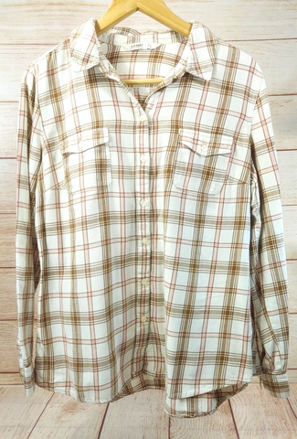 Old Navy Unisex Long Sleeve Shirt Casual Top Plaid Beige/Brown Button Down Gift