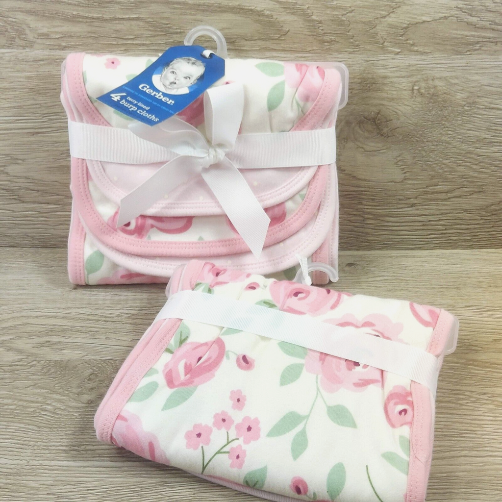 Gerber Burb Cloths 2 Pack 8 Total Pink/White Rose Printed Baby Girl Burbs Cloth