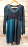 Women Tunic Boho Hippie Style Top Dress Tank Floral Embroidered Blue 2XL V Neck