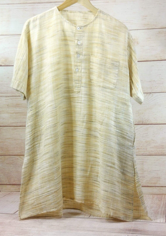 Men Long Kurta Indian Bohemian Cotton Ethnic Tunic Shirt Short Sleeves Beige