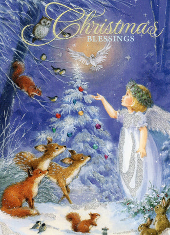 "Christmas Blessings" Golden Angel Girl With Animals Snowing Christmas Tree Spar