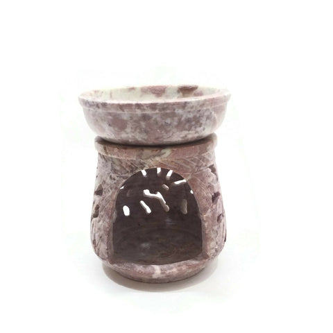 Natural Oil Diffuser Soapstone Oil Burner Round Candle Holder Handmade Leaves 3"