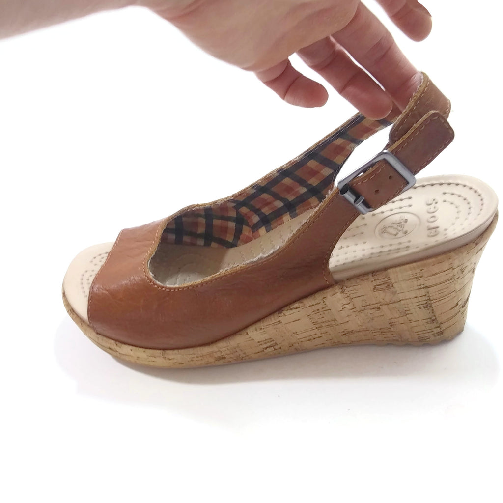 Crocs Women's Fashion  Wedges Slide Sandal Platform Cocoa Brown Leather Size 10