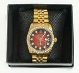 Men's Watch Gold Red Color W/Simulated Diamonds Bracelet Analog Watch