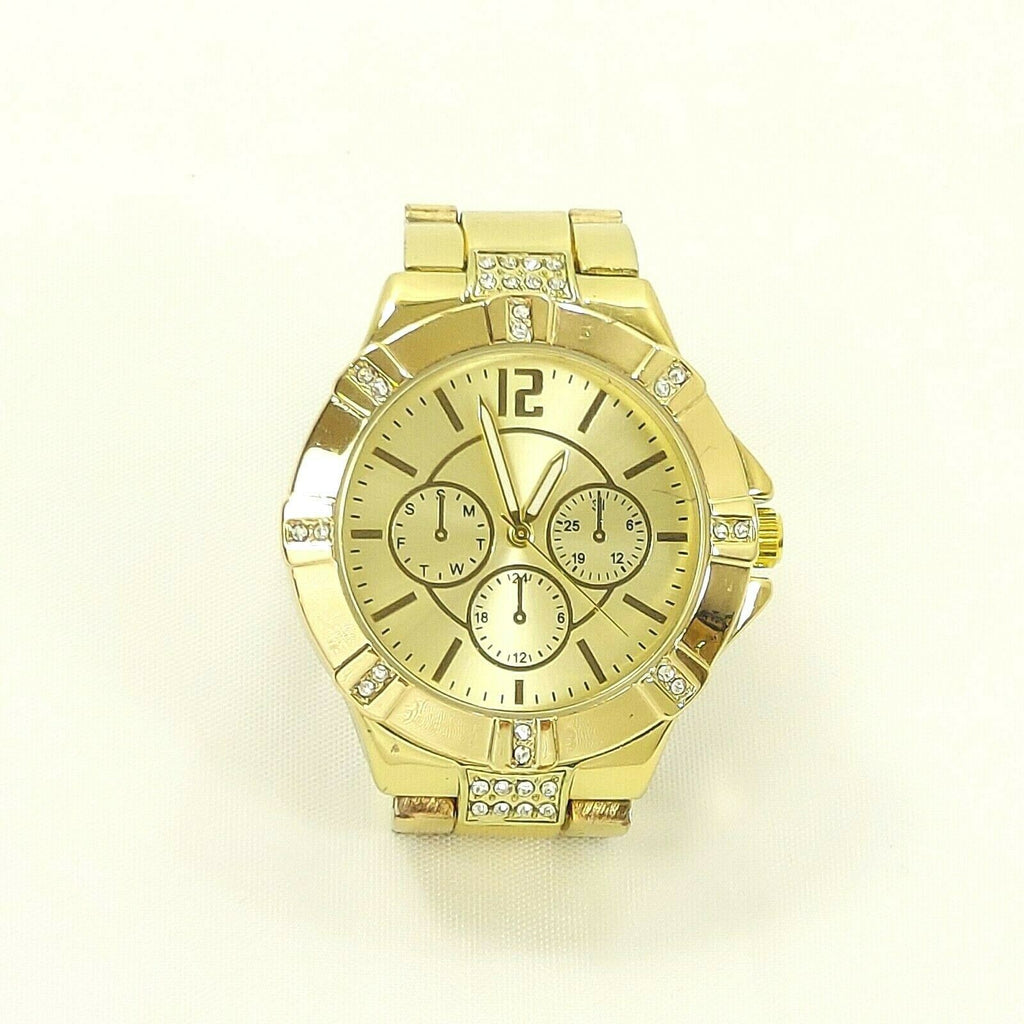 Unisex Gold Tone Color W/Simulated Diamonds Bracelet Jewelry Wrist Watch
