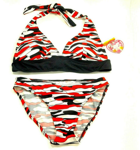Women Grip Swimwear Bikini 2 Pc. Halter Top High Neck Tying Swimsuit Black/Red
