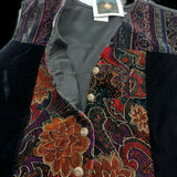 Women's Black Vest Velvet Red & Gold Floral Embroidered Sleeveless Top V Neck