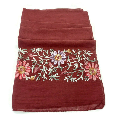 Women Shawl Scarf Embroidered Viscose Wrap Floral Embellish Stole Veil Bordeaux