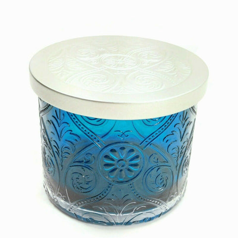 Candle Glass Holder Round Translucent Etched Floral Pattern Tumbler Teal 14oz