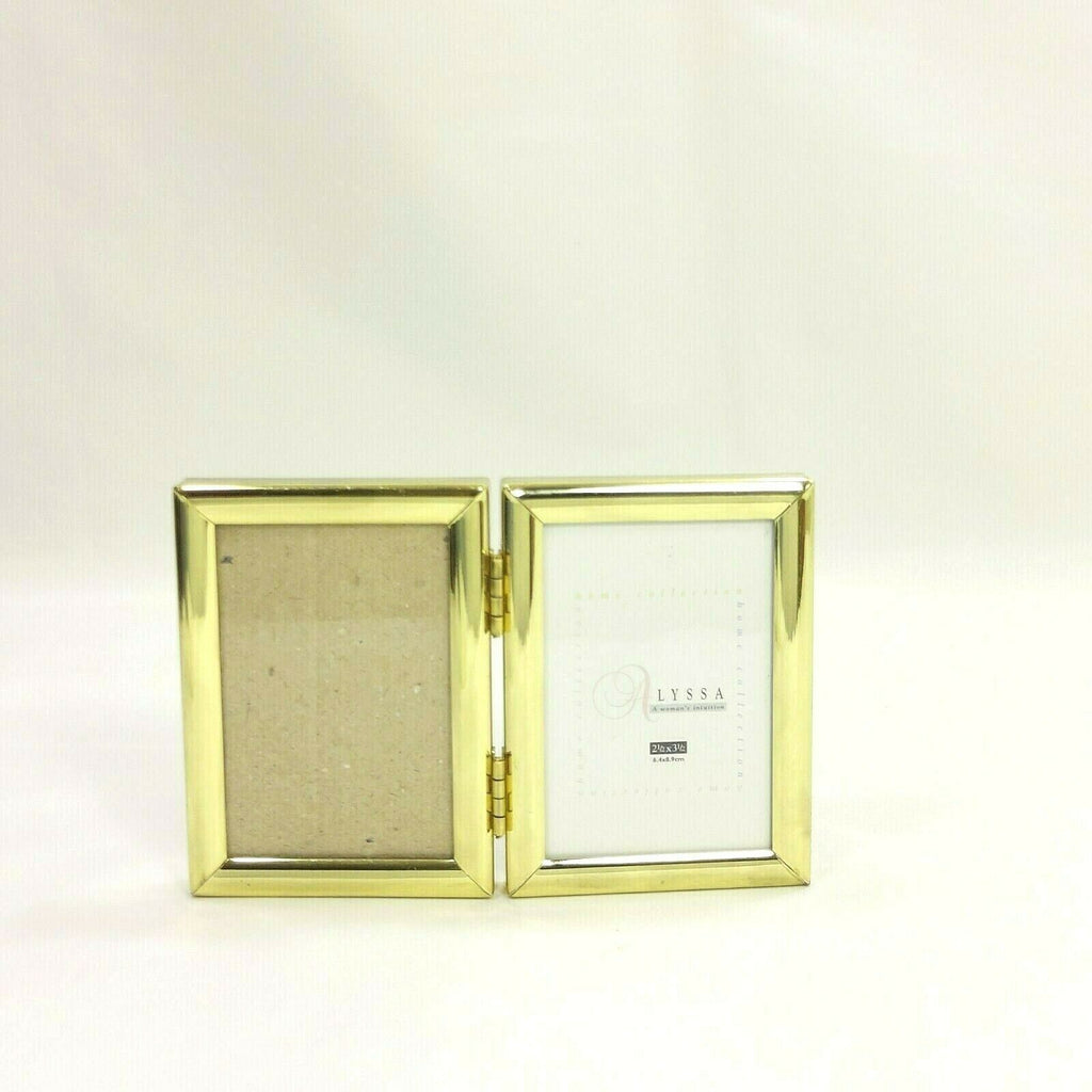 Goldtone Hinged Double Picture Photo Frame Folding Display 2.5x3.5 Tab ...