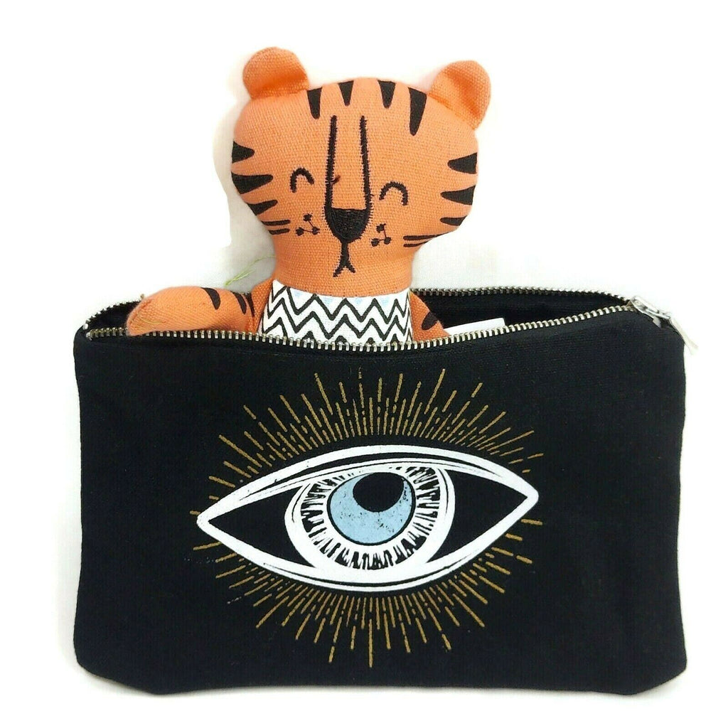 Blue Eye Canvas Zipper Travel Makeup Pouch Bag W/Pink Stuffed Figural Gift Set