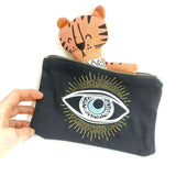 Blue Eye Canvas Zipper Travel Makeup Pouch Bag W/Pink Stuffed Figural Gift Set