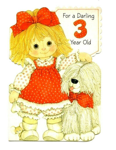 3rd Happy Birthday Vintage Girls Greeting Card Doll W/Dog 1977 Unused Ambassador