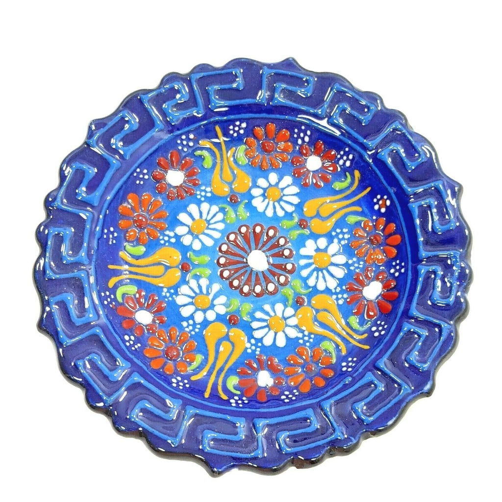 Ceramic Round Plate Handcrafted Ornament Blue Floral Pattern Handmade Home Décor