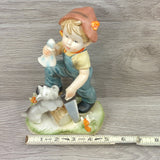 Vintage Porcelain Farm Boy w/Saw Wood & Dog 8"  Figurine Collection Collectible