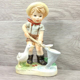 Vintage Porcelain Farm Fisherman Boy & Goose 8" Figurine Collection Collectible