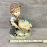 Vintage Porcelain Farm Boy w/Straw & Hay Wagon Pig & Bird 8" Figurine Collection