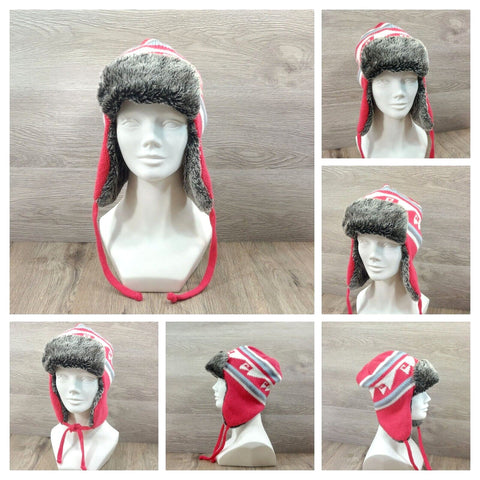 Earflaps Winter Hat Ear Cover Unisex Warm Fur Lining Beanie Aviator Cap Gray/Red