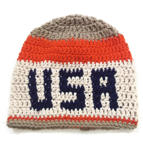 Unisex Handmade 100% Wool Knit Winter Warm USA Beanie Hat Beige/Orange