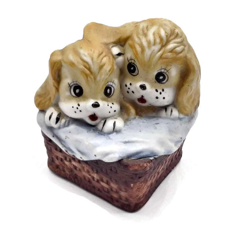 Vintage Puppies Figures Inside a Basket Ceramic Hand Painted