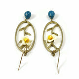 Flowery Drop Earrings W/Blue Stone Women's Oval Vintage Handmade Jewelry