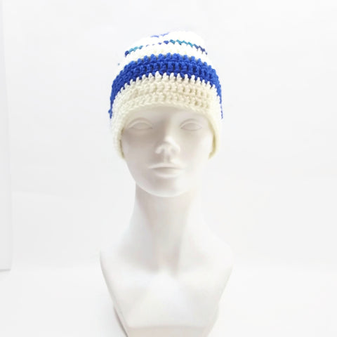 Winter Hat 100% Wool Knitted Handmade Unisex Warm Cap Skull Beanie Blue/White OZ