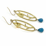 Flowery Drop Earrings W/Blue Stone Women's Oval Vintage Handmade Jewelry