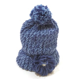 Girls High Bun Wool Knitted Handmade Cap Skull Beanie Winter Hat W/Flower Blue