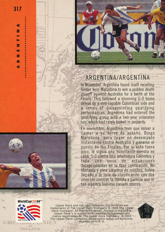 Argentina Team Upper Deck #317 World Cup USA '94 Soccer Sport Card