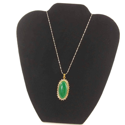 Women Pendant Necklace Antique Green Stone Silver Goldtone Vintage Jewelry Gift