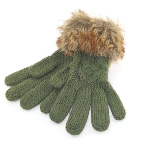 Winter Knit Gloves, Women's Faded Glory Fur Trimmed, Olive Drab - New