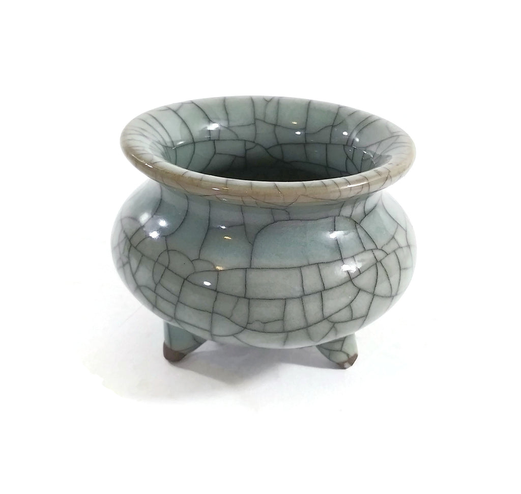 Small Longquan Celadon Glaze Porcelain Tripod Crackle Incense Sage Burner 2.25"