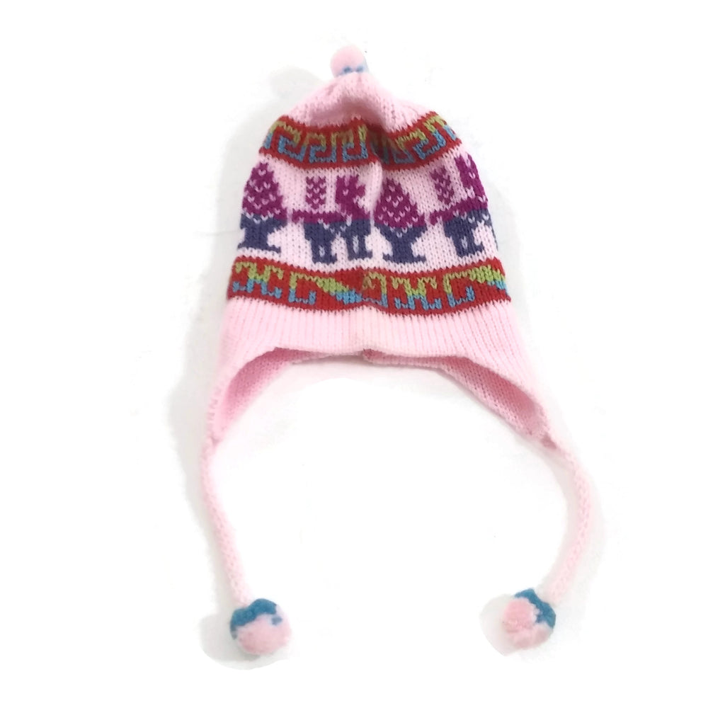 Girls Pink Handmade 100% Wool Knit Earflap Winter Beanie Hat NEW