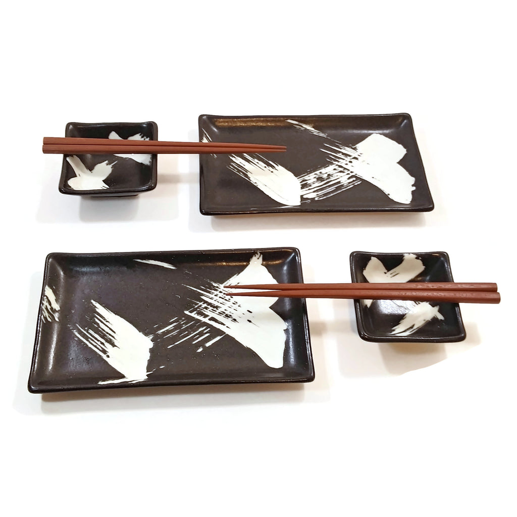 HandCrafted Japanese Zen Design Sushi For 2 Set Black/White Dinnerware Vintage