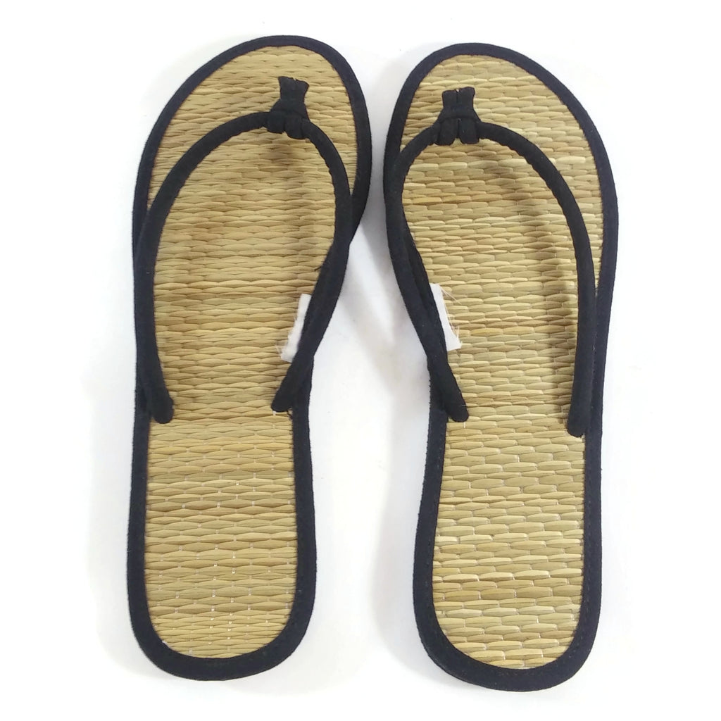 Women's Flat Bamboo Straw Thong Flip Flop Sandals Black