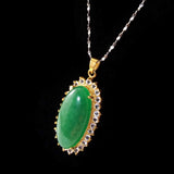 Women Pendant Necklace Antique Green Stone Silver Goldtone Vintage Jewelry Gift