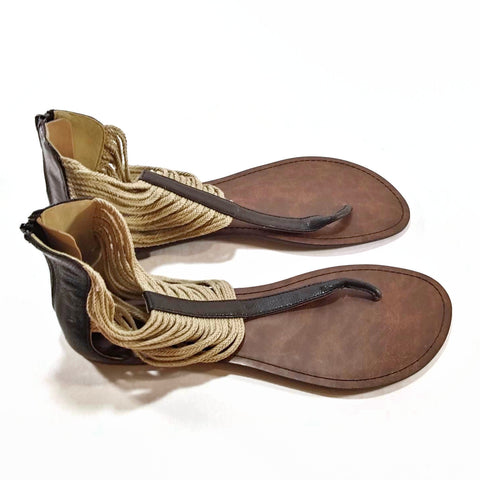 Women's Thong Sandals GOMAX Berdine Braided Rope Ankle Zipper Flat Brown