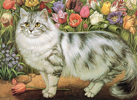 Gray Cat by Flower Shrubs Cat Collection Blank Art Greeting Card Vintage