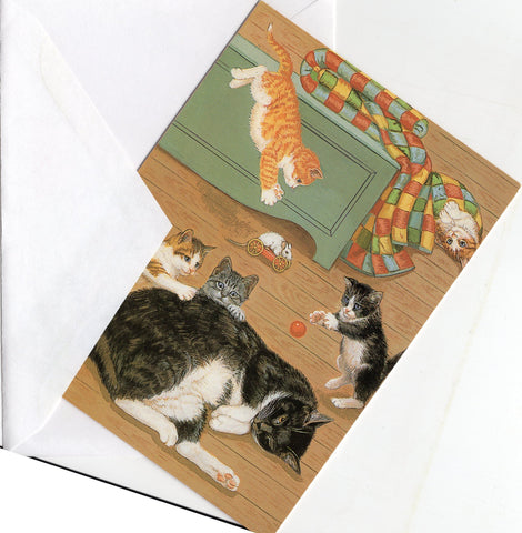 Kittens Playing with their Mother Cat Collection Blank Art Greeting Cards for An