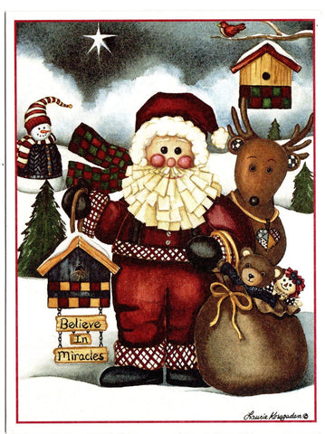 Santa Claus Reindeer and Christmas Gifts Holiday Seasons Greeting Card